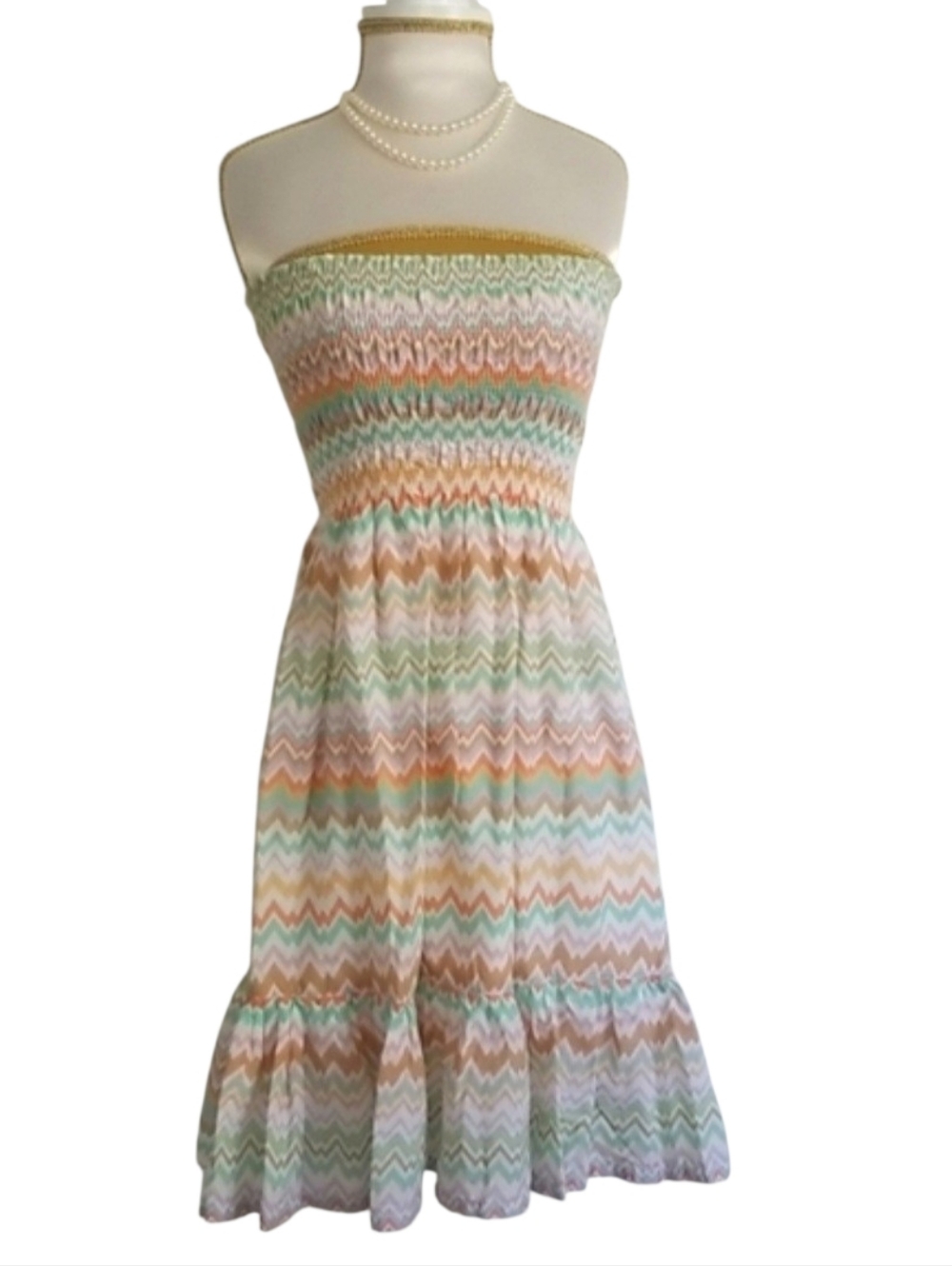 Ludi Pastel Chevron Pattern Cotton Strapless Ruffled Hem Sundress Boho Dress
